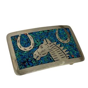 Vintage Western Belt Buckle Horse & Horseshoe Turquoise Inlay Metal